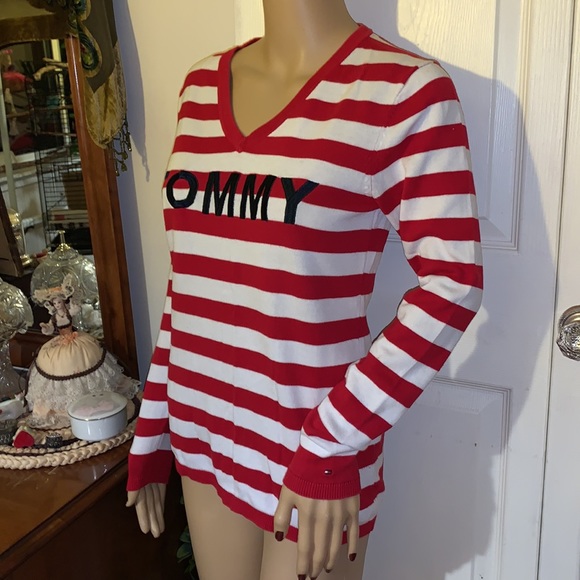 Tommy Hilfiger red white Striped v neck pullover sweater tunic S - Picture 9 of 14